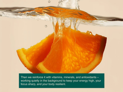 Orange slices splashing into water with a beige background and text overlay.