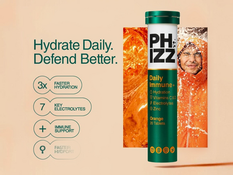 PHizz Daily Immune+ supplement tube with text on a beige background