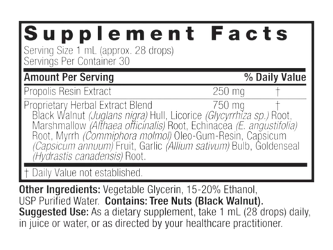 Nature’s Answer Propolis Resin Liquid Extract 30ml supplement facts label on a white background.