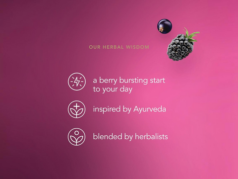 Product advertisement with blackberry and text on a pink background