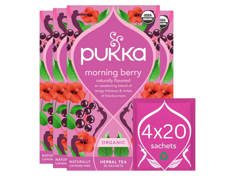 Pukka morning berry tea packaging on a white background