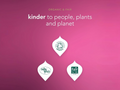 Three organic and fair trade logos on a pink background with text 'kinder to people, plants and planet'.