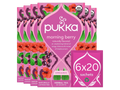 Pukka Morning Berry herbal tea packaging with pink and purple design.