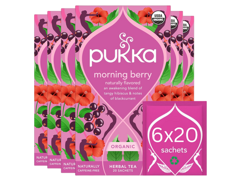 Pukka Morning Berry herbal tea packaging with pink and purple design.