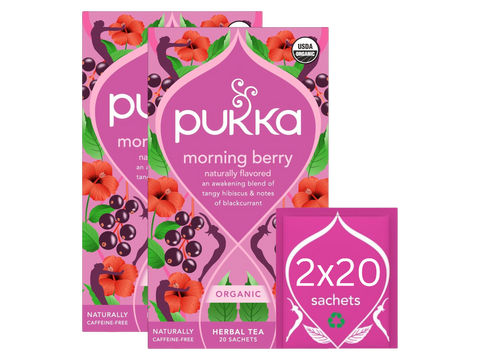 Pukka Morning Berry tea packaging on a white background