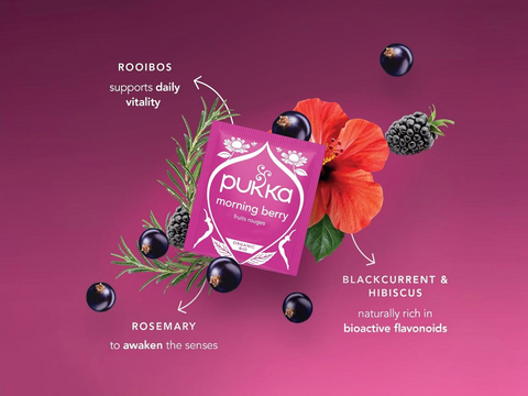 Pukka morning berry supplement packaging with ingredients on a purple background