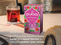 Pukka morning berry tea box on a table with a cup of tea and a phone.