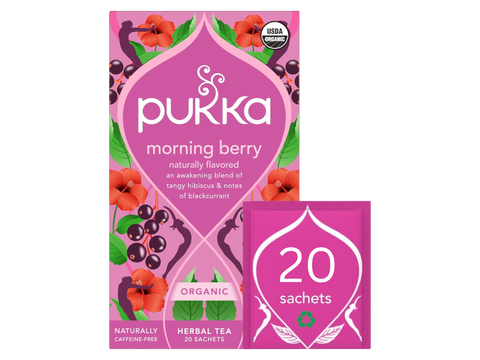 Pukka morning berry tea packaging on a white background