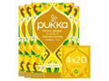 Pukka lemon, ginger, and manuka honey herbal tea packaging on a white background