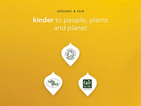 Three certification logos on a yellow background with text about organic, fair, and environmental friendliness.