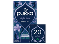 Pukka night time herbal tea packaging with floral design on a white background