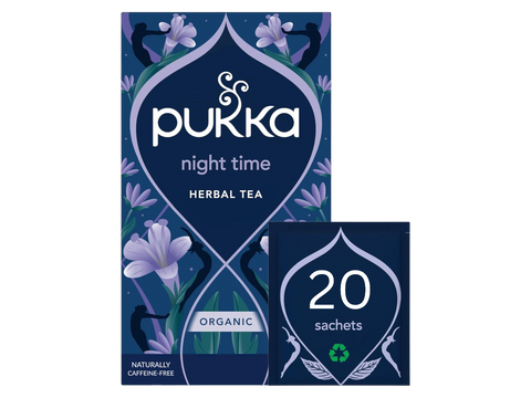 Pukka night time herbal tea packaging with floral design on a white background