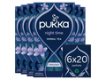 Pukka night time herbal tea packaging with floral design on a white background