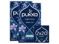 Pukka night time herbal tea packaging with floral design on a white background