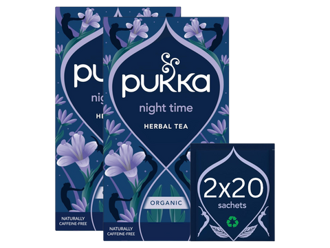Pukka night time herbal tea packaging with floral design on a white background