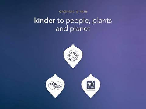 Logos of Organic Association, Fair Wild, and Fair for Life on a blue background with text 'kinder to people, plants and planet'.