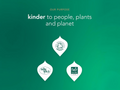 Green background with 'kinder' brand logos for people, plants, and planet on a green background