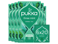 Pukka three mint herbal tea packaging with green design and visible branding.