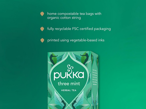 Pukka three mint herbal tea packaging on a green background with sustainability information.
