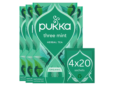 Pukka three mint herbal tea packaging on a white background