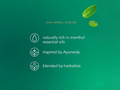 Green background with text about herbal wisdom, menthol essential oils, Ayurveda, and blending by herbalists.