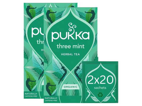 Pukka three mint herbal tea packaging on a white background