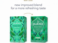 Two green boxes of Pukka Three Mint tea with text about a new improved blend.