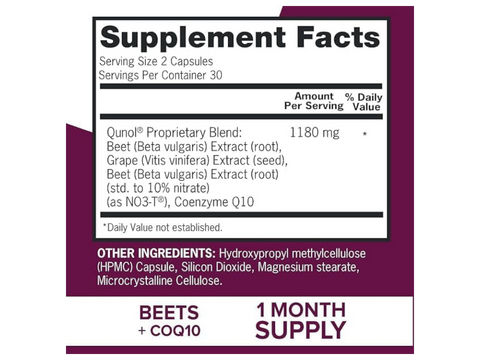 Qunol Beet Root Capsules 60 count supplement facts and ingredients label