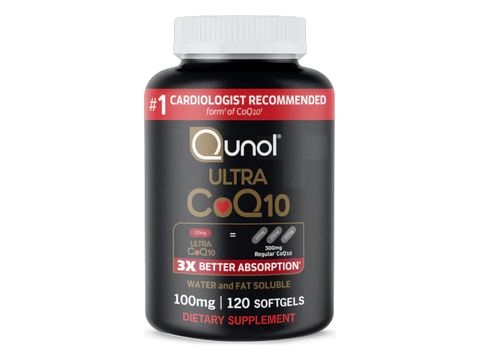 Qunol CoQ10 with Dual Solubility Technology 100 mg front view 120 count bottle packaging