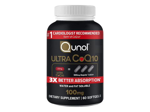 Qunol CoQ10 with Dual Solubility Technology 100 mg front view 60 count bottle packaging