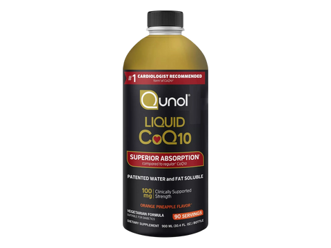Qunol Liquid CoQ10 Supplement 100 mg Orange Pineapple Flavour front view 900ml bottle packaging