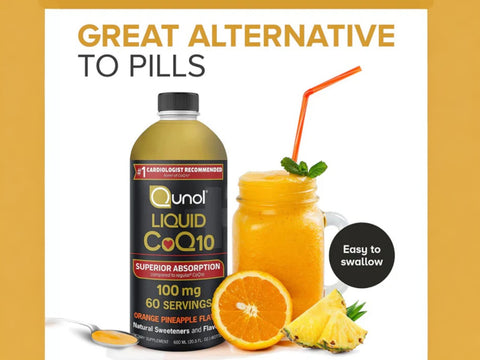 Qunol Liquid CoQ10 Supplement 100 mg Orange Pineapple Flavour product display.
