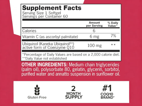 Qunol Mega Ubiquinol 100 mg supplement facts and ingredients label