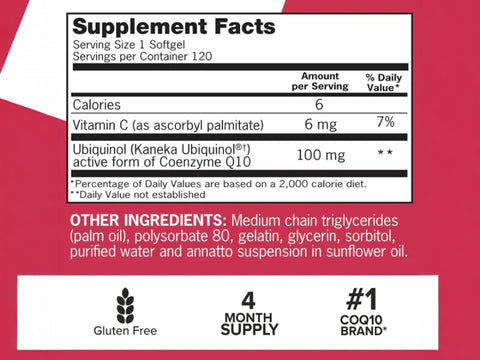 Qunol Mega Ubiquinol 100 mg supplement facts and ingredients label