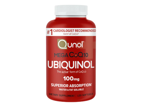 Qunol Mega Ubiquinol 100 mg Active Form CoQ10 front view 120 count bottle packaging