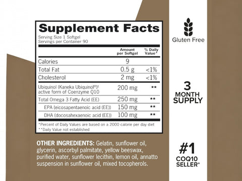 Qunol PLUS Ubiquinol Omega-3 90 softgels supplement facts and ingredients label