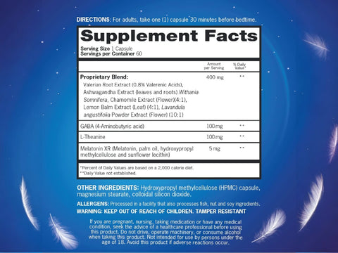 Qunol Sleep Support Complex 30 capsules supplement facts and ingredients label