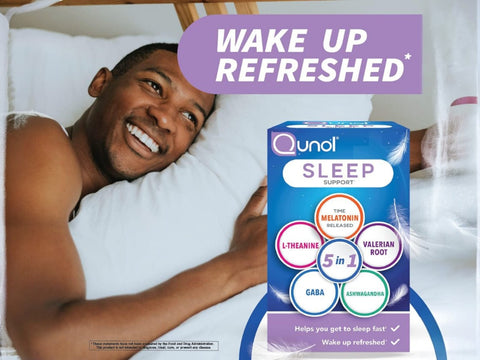 Qunol Sleep Support Complex 30 capsules sleep and relaxation support benefits graphic