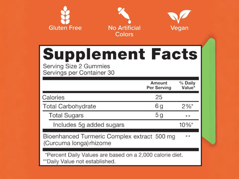 Qunol Turmeric Curcumin Gummies 120 count supplement facts and ingredients label