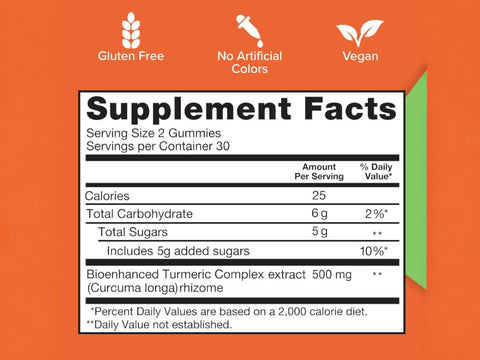 Qunol Turmeric Curcumin Gummies 60 count supplement facts and ingredients label