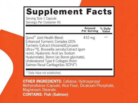 Qunol Turmeric Joint Complex 30 capsules supplement facts and ingredients label