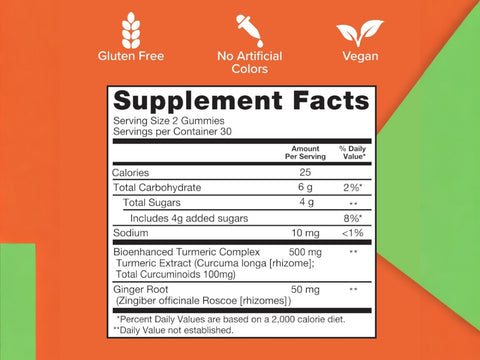 Qunol Turmeric and Ginger Gummies 60 count supplement facts and ingredients label