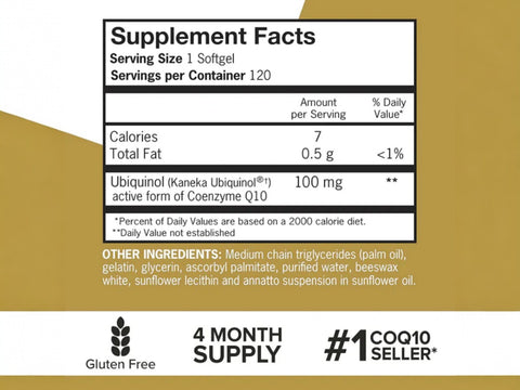 Qunol Ubiquinol 100 mg 120 count supplement facts and ingredients label