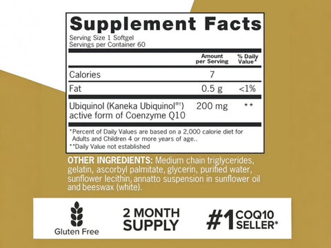 Qunol Ubiquinol 200 mg 60 count supplement facts and ingredients label