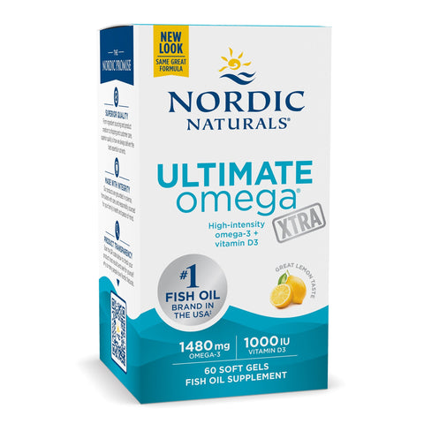 Nordic Naturals Ultimate Omega Xtra lemon flavor high potency 60 soft gel box.