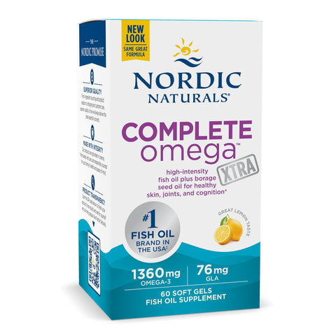 Nordic Naturals Complete Omega Xtra lemon flavor soft gel box, 60 count supplement.