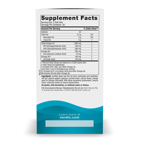 Supplement facts, ingredients, and usage directions for Nordic Naturals Omega-3 with GLA bottle.
