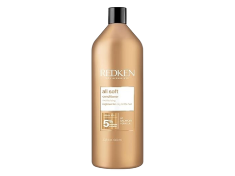 Redken All Soft Conditioner bottle with Argan Oil, 1000ml, on white background.
