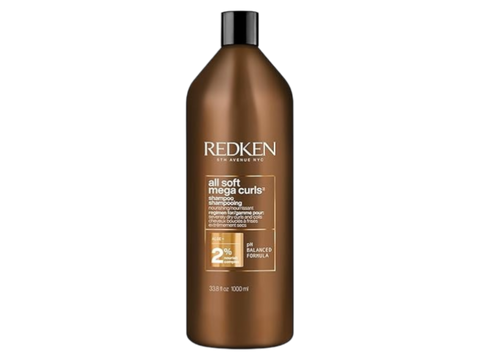 Redken All Soft Mega Curls Shampoo bottle, sulfate-free, 1000ml on white background.
