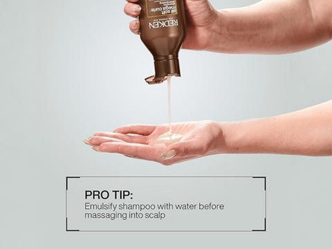 Redken All Soft Mega Curls Shampoo bottle, sulfate-free, 1000ml tip on how to use.